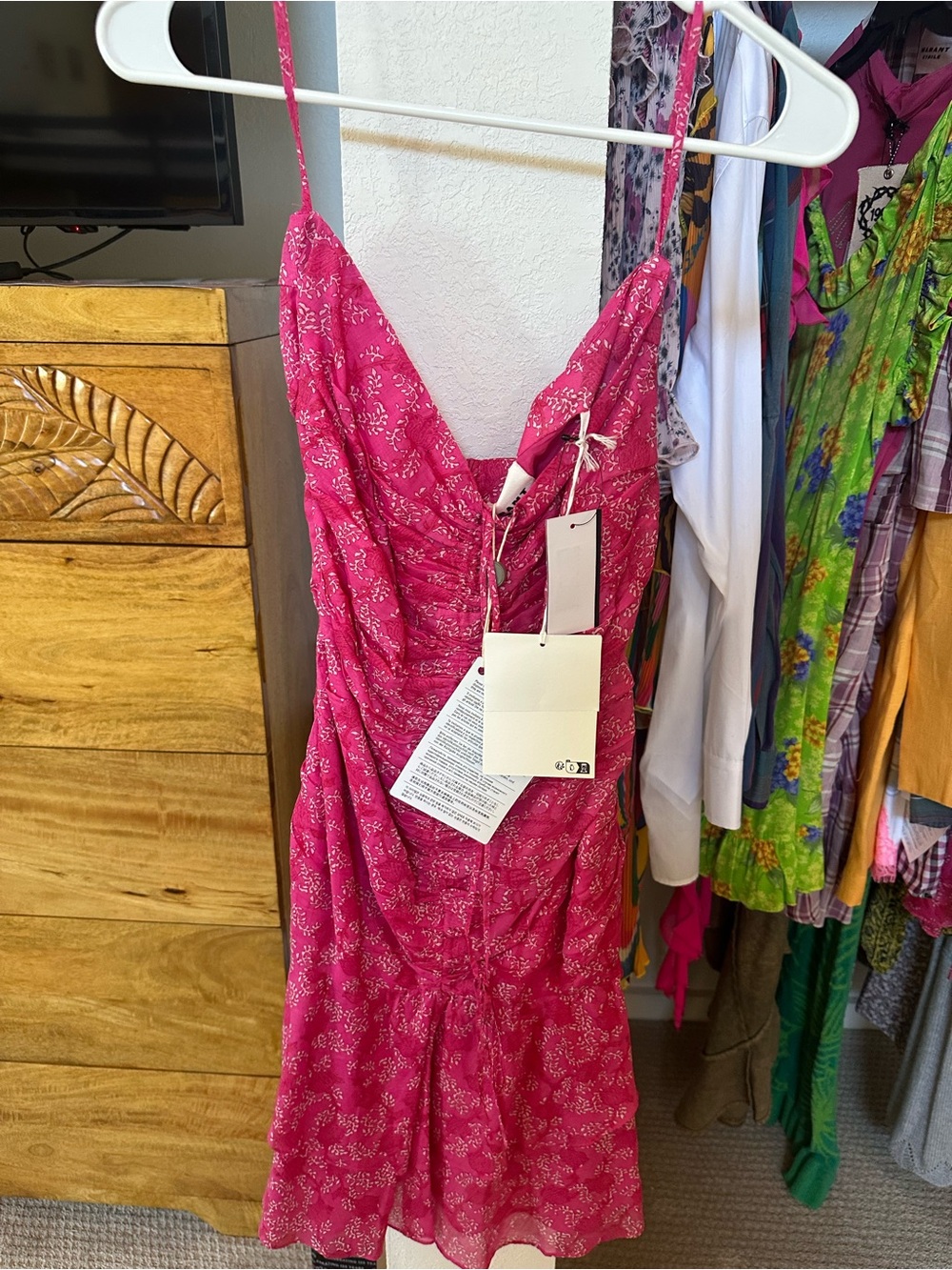 Isabel Marant Fuchsia Floral Ruched Spaghetti-Strap Mini Dress
